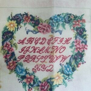 Sampler Needlepoint Canvas,  Vintage Floral Heart Alphabet Sampler Needle Craft